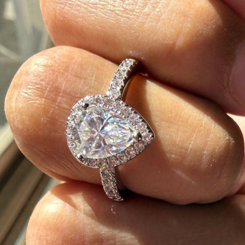 GRA Certified 1.25CT Pear Cut Moissanite Halo Ring Rhodium Plated Size 7